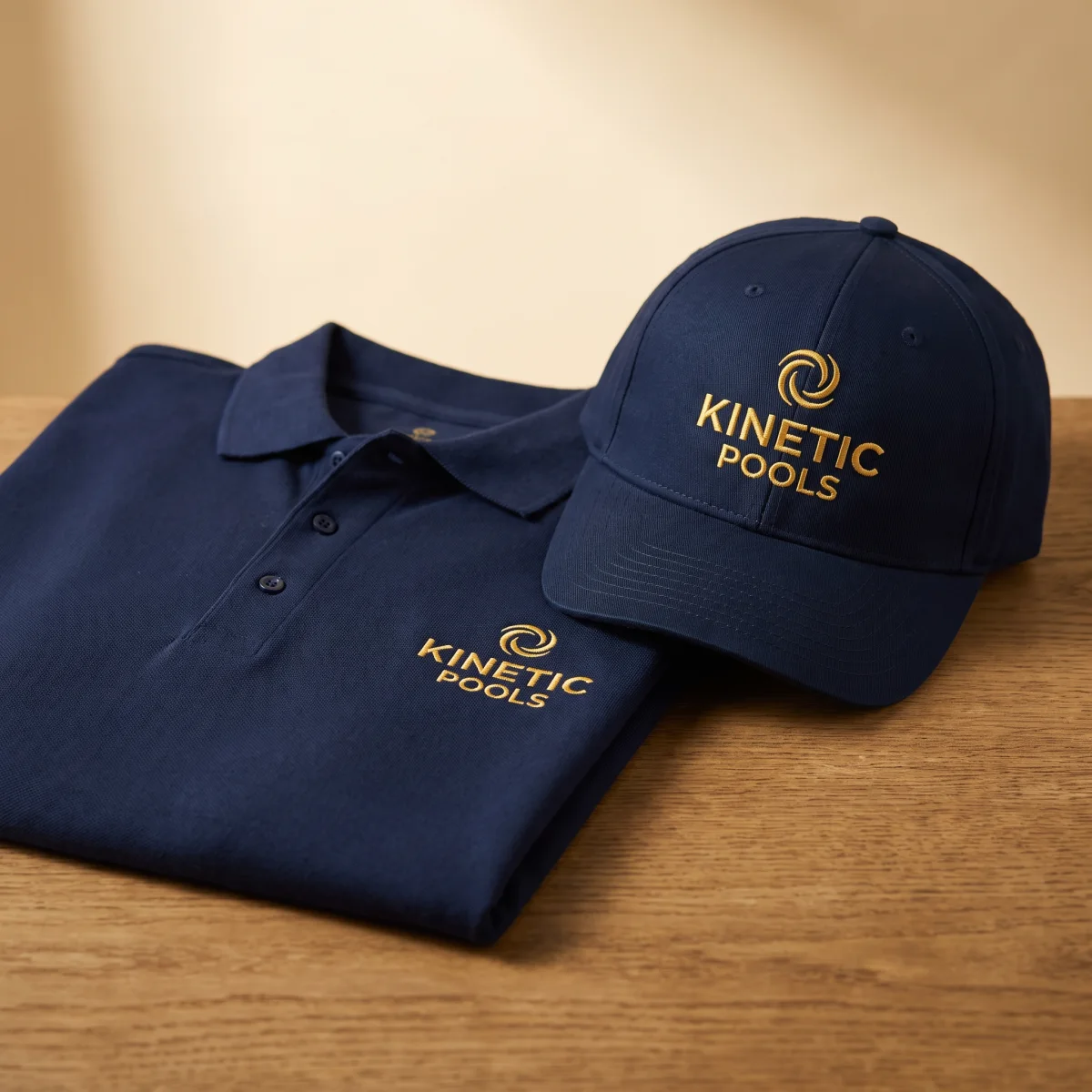 The Kinetic Pools water-drop logo embroidered on a crew polo and cap