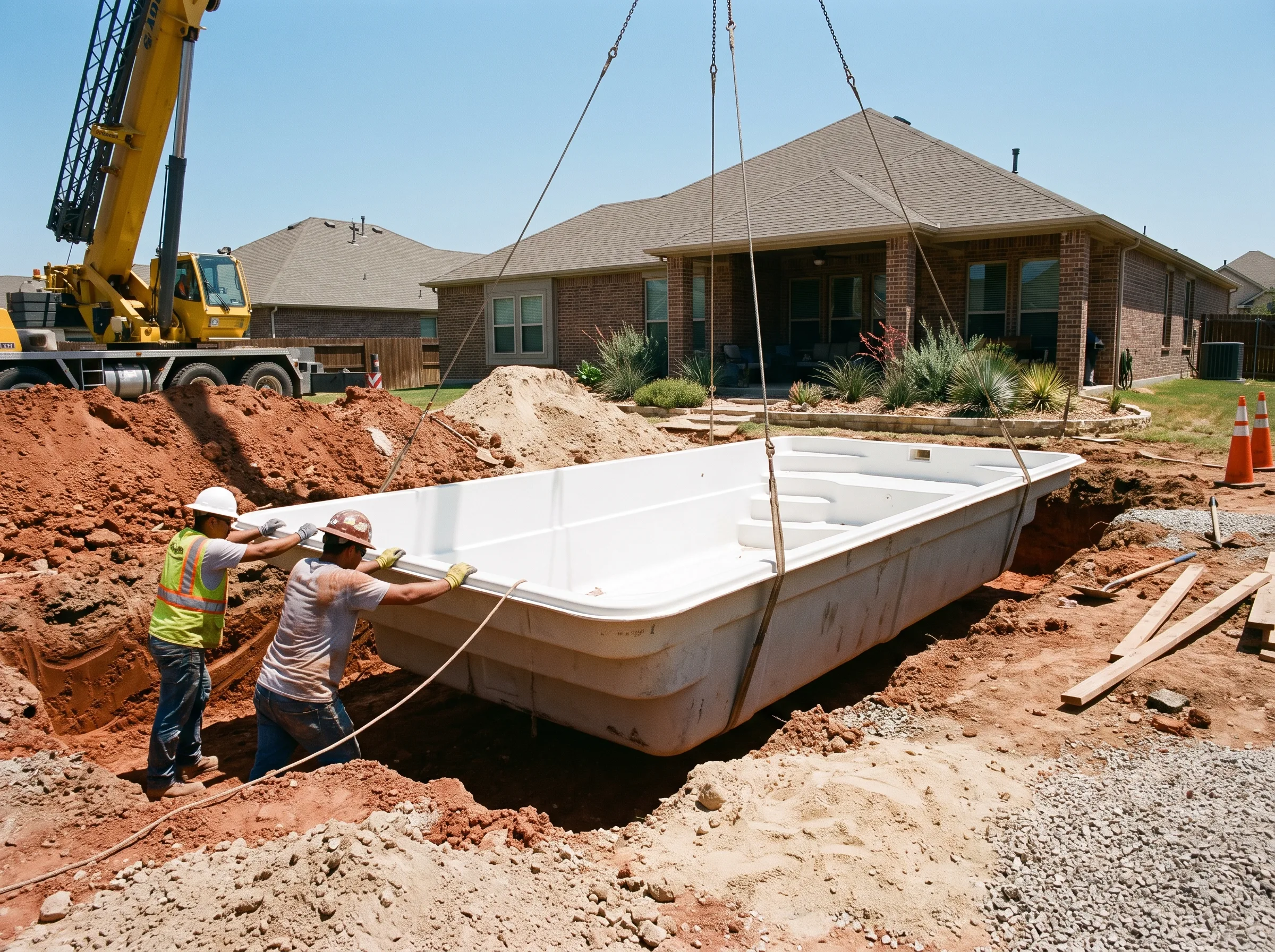 Fiberglass pool shell being set into the excavated yard