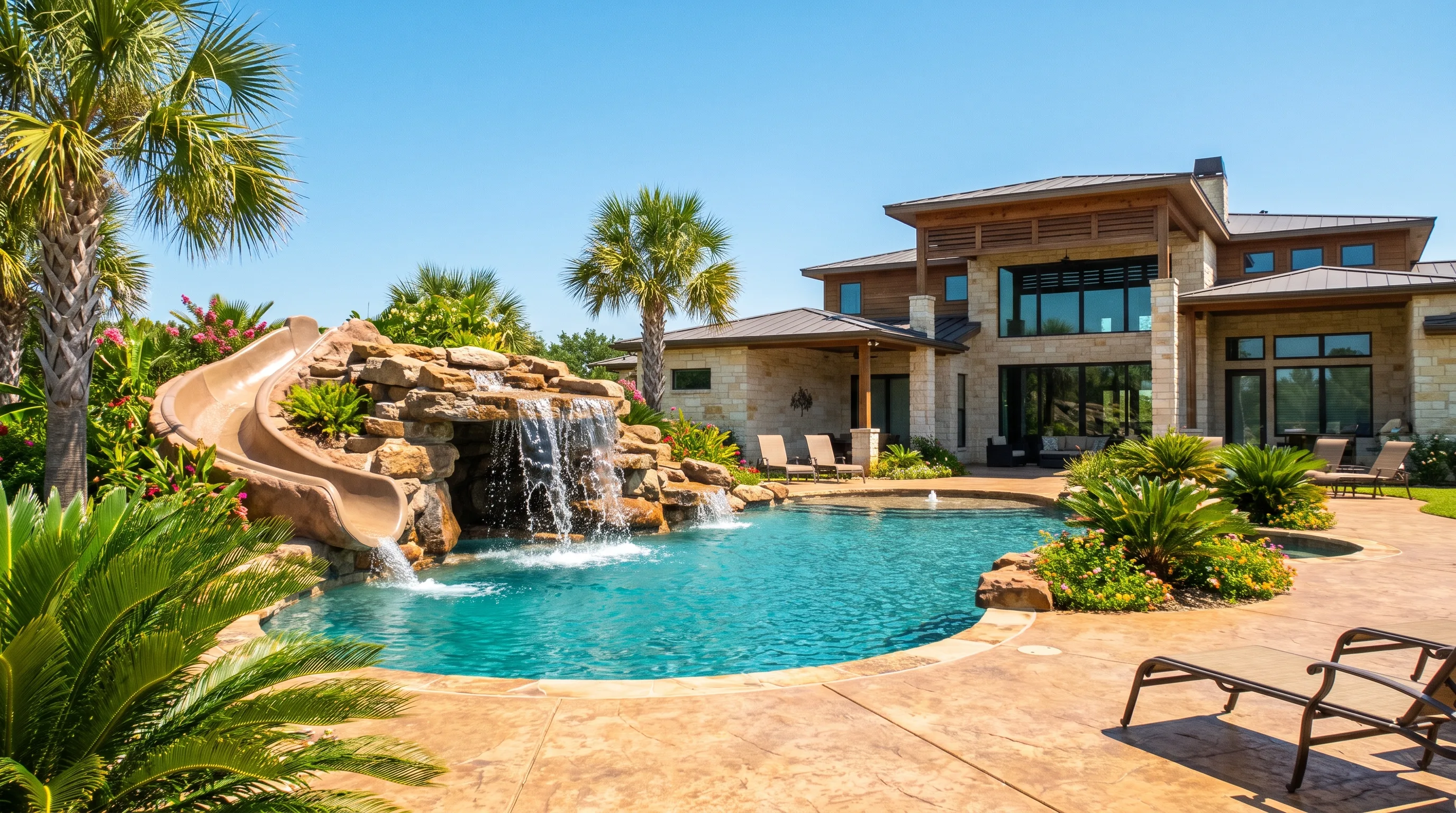 Freeform lagoon-style fiberglass pool