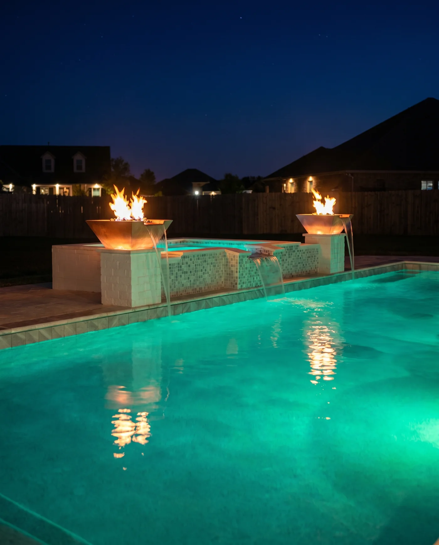 Real Kinetic fiberglass pool glowing with color LED lighting at night